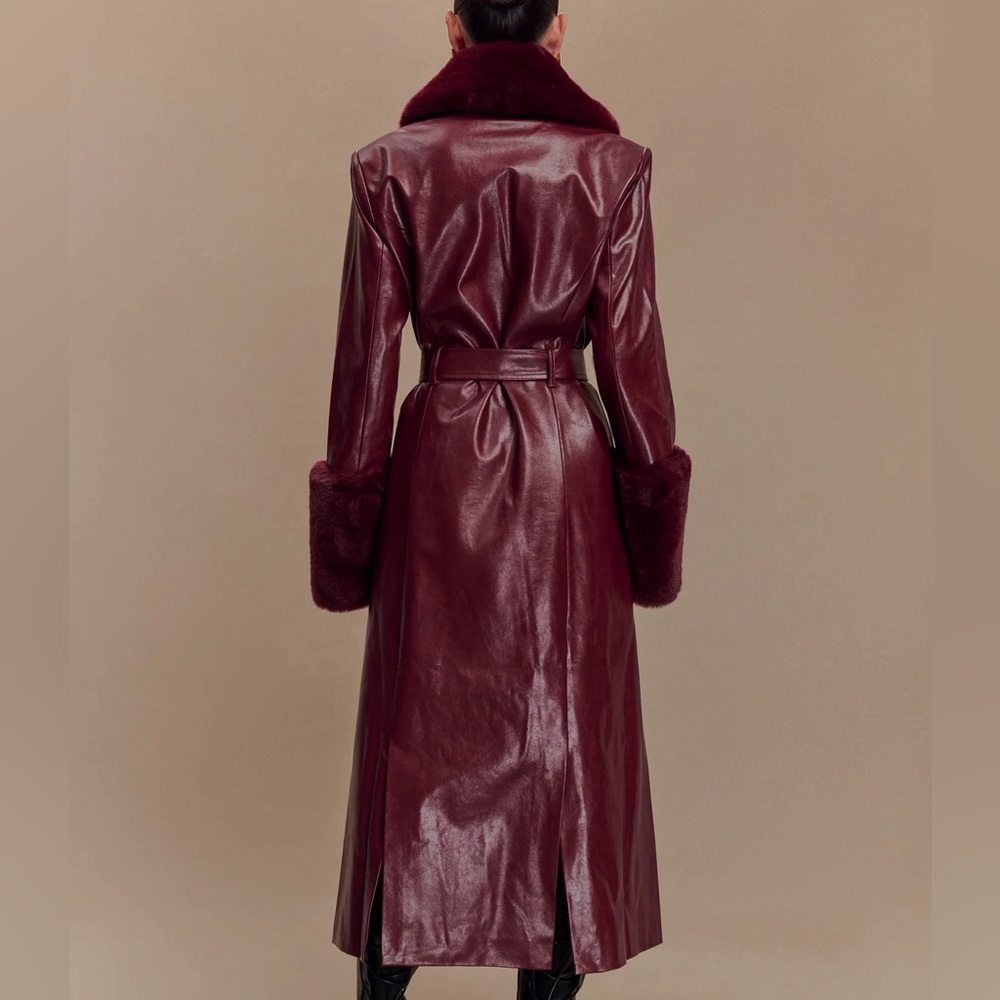 Meshki - BEC Faux Leather Trench Coat With Faux Fur (Cherry Red) - Picture 2 of 5